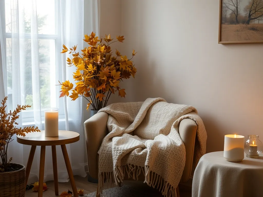Cozy indoor autumn scene with candles and textiles