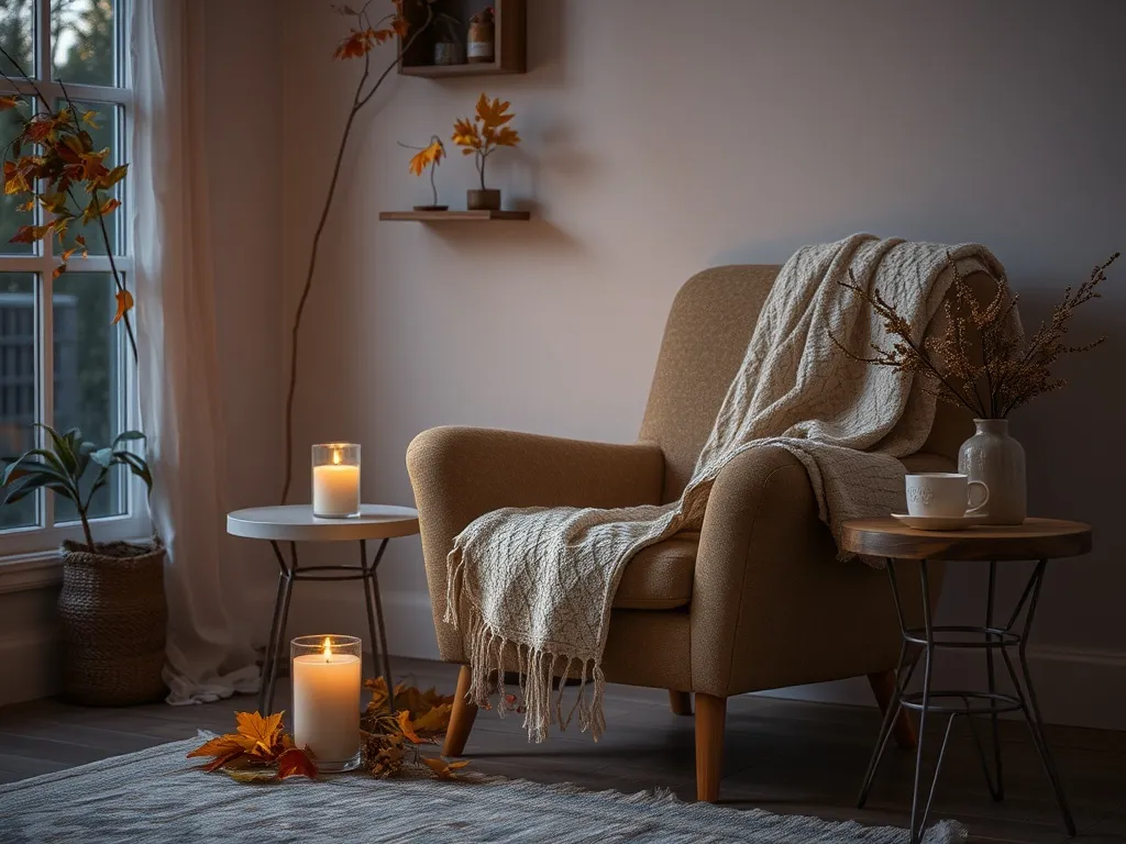 Warm interior with autumn decor and textiles